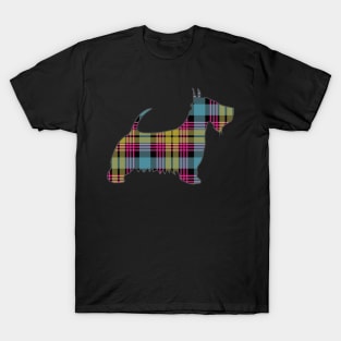 Pink, Blue and Yellow Tartan Scottish Terrier Dog Silhouette T-Shirt